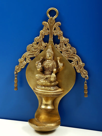 10" Goddess Lakshmi Wall Hanging Lamp With Twin Bells In Brass | Brass Lamp For Temple