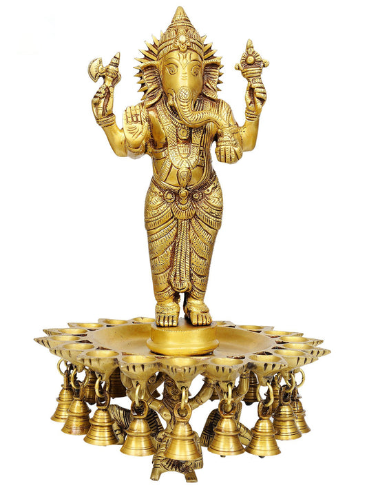 15" Standing Ganesha Lamps With Many Bells In Brass | Brass Lamp For Temple