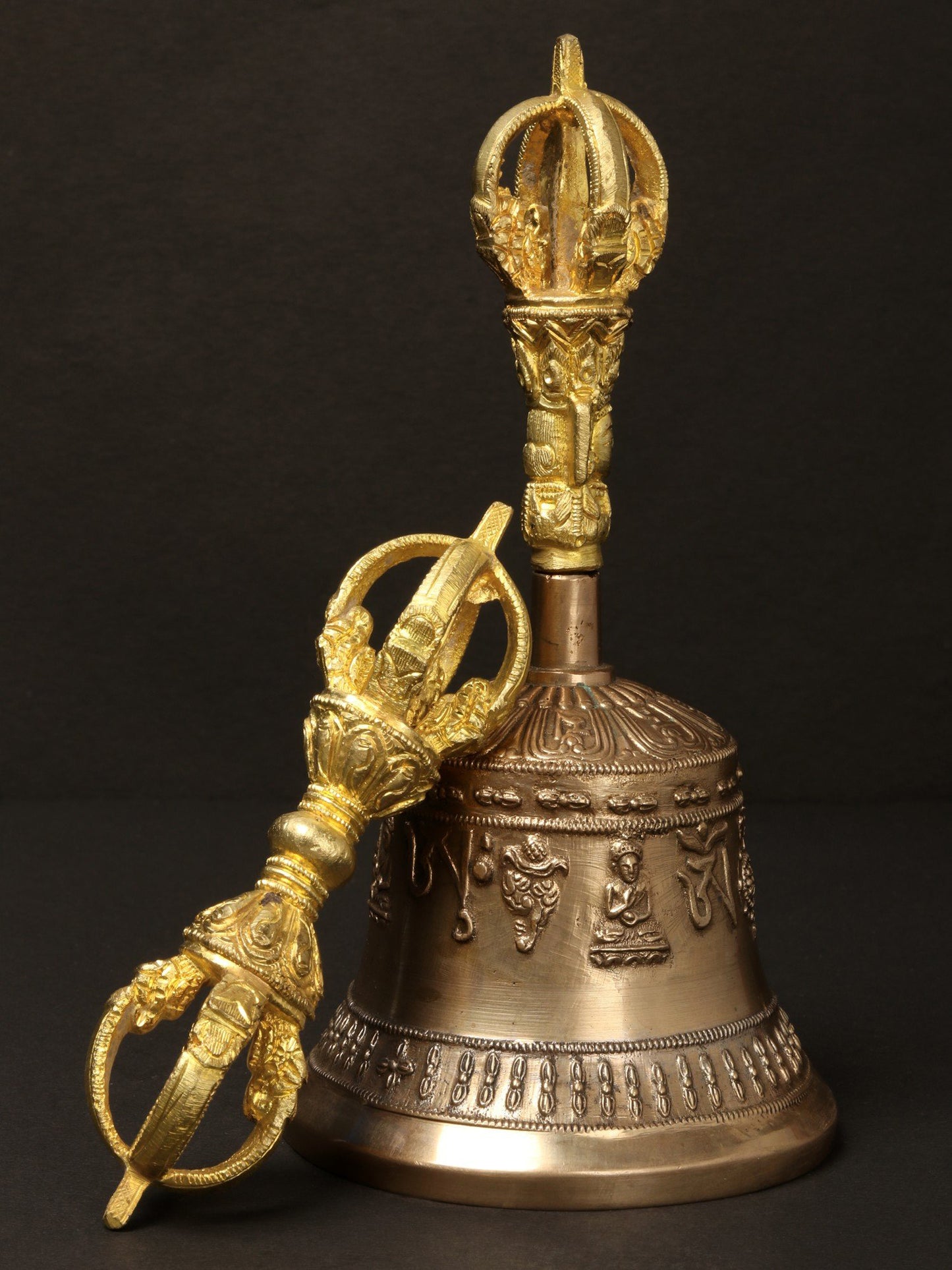 7" Tibetan Buddhist Brass Bell Dorje | Brass Bell For Temple | Designer Bell In Bronze, Brass And Iron