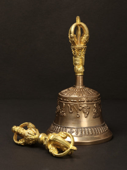 7" Tibetan Buddhist Brass Bell Dorje | Brass Bell For Temple | Designer Bell In Bronze, Brass And Iron