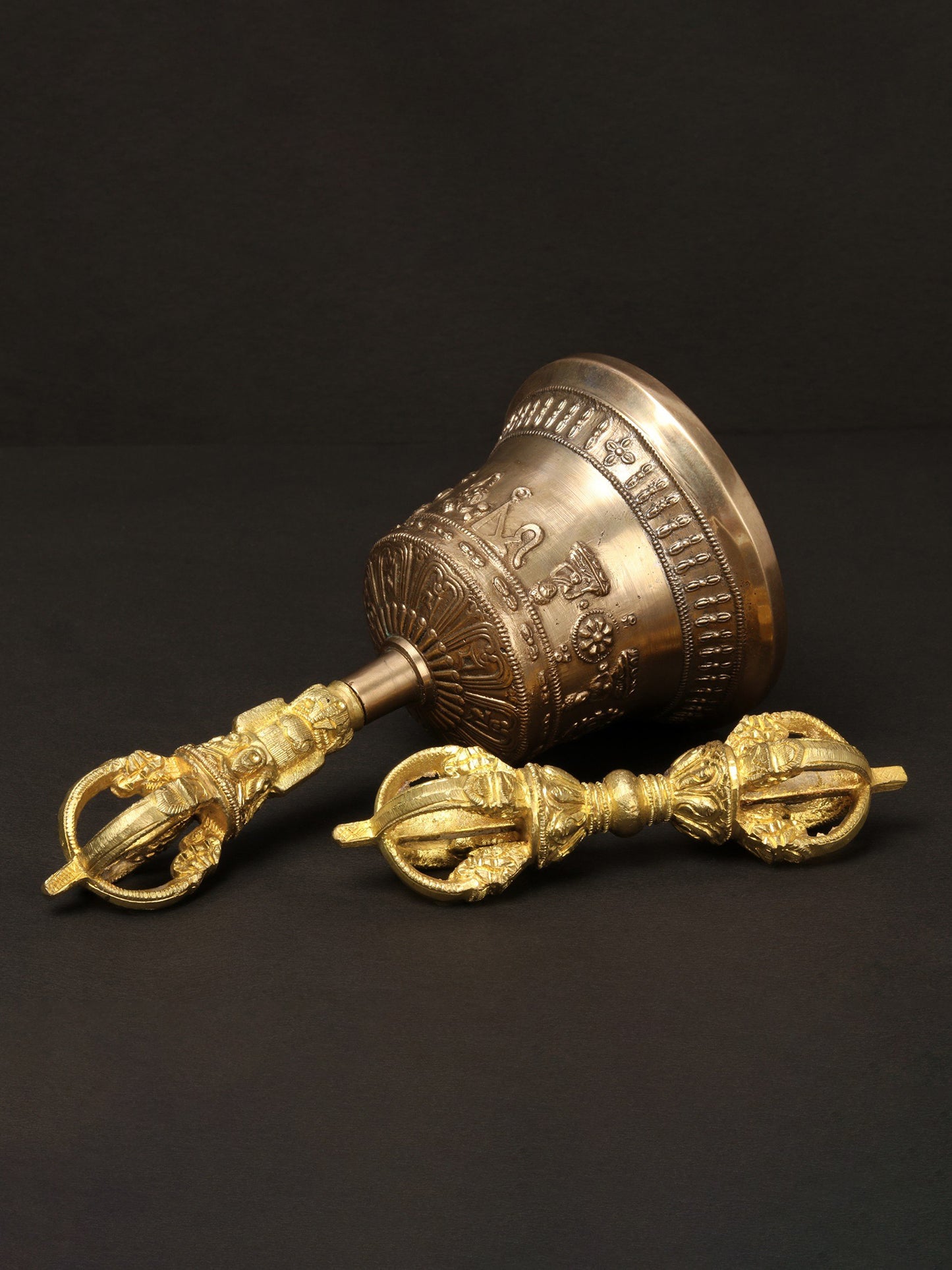 7" Tibetan Buddhist Brass Bell Dorje | Brass Bell For Temple | Designer Bell In Bronze, Brass And Iron