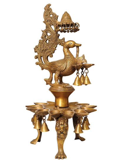 25" Superfine Peacock Brass Lamp On Lion Legs With Bells | Brass Lamp For Temple | Designer Lamp