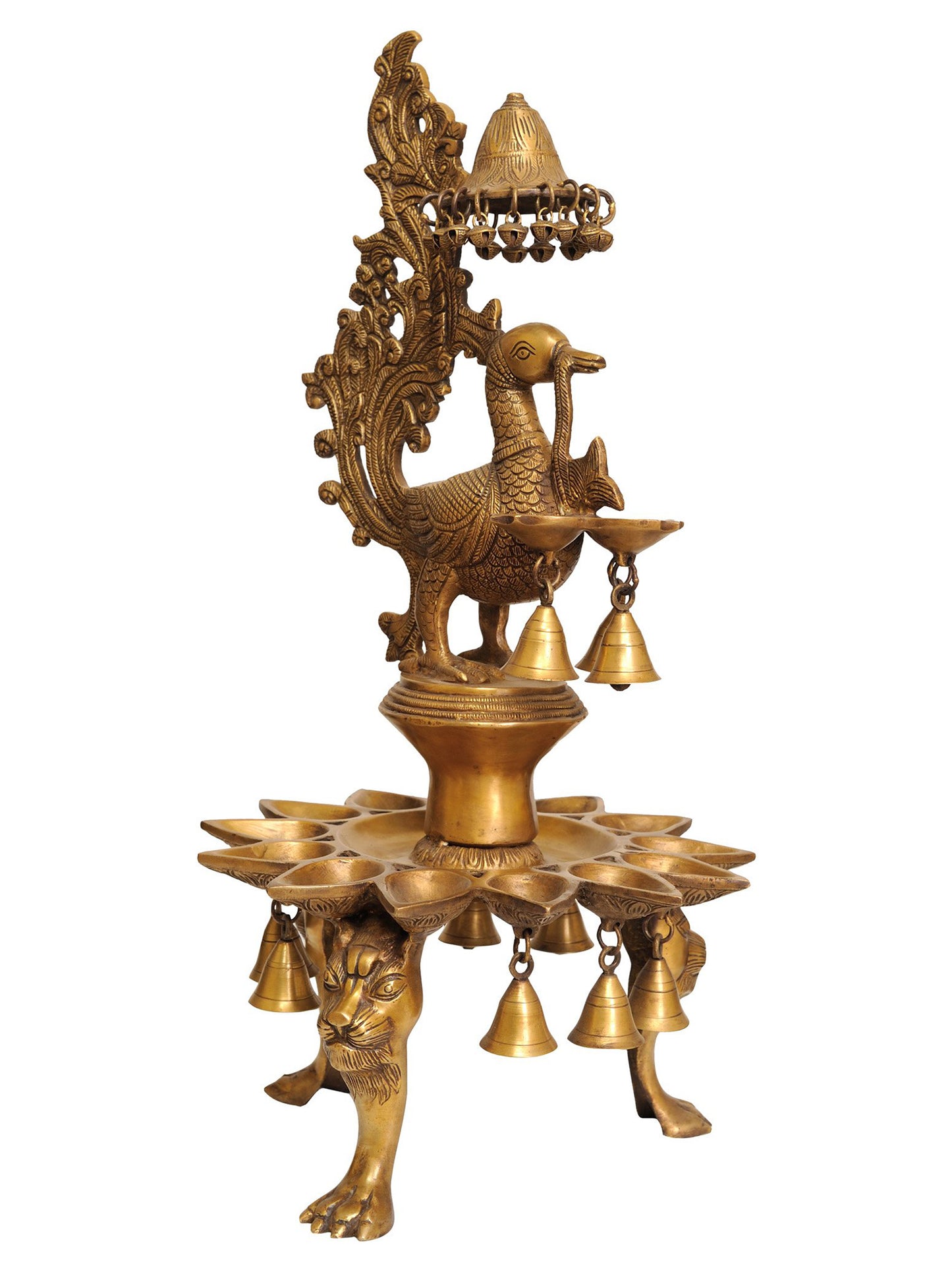 25" Superfine Peacock Brass Lamp On Lion Legs With Bells | Brass Lamp For Temple | Designer Lamp