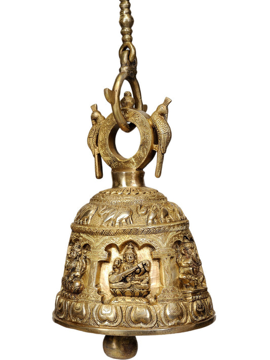 13" Trio Of Ganesha, Lakshmi And Saraswati Designer Bell In Brass | Brass Bell For Temple | Designer Bell