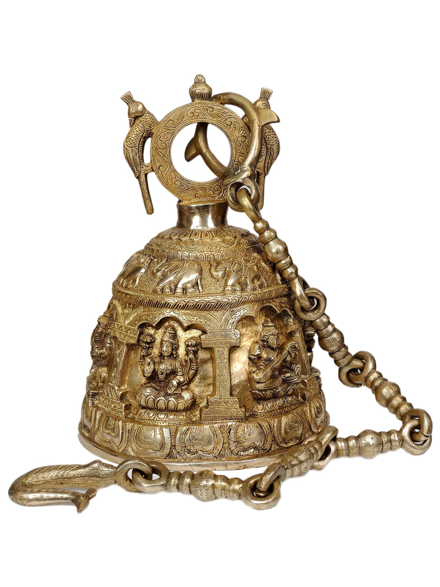 13" Trio Of Ganesha, Lakshmi And Saraswati Designer Bell In Brass | Brass Bell For Temple | Designer Bell