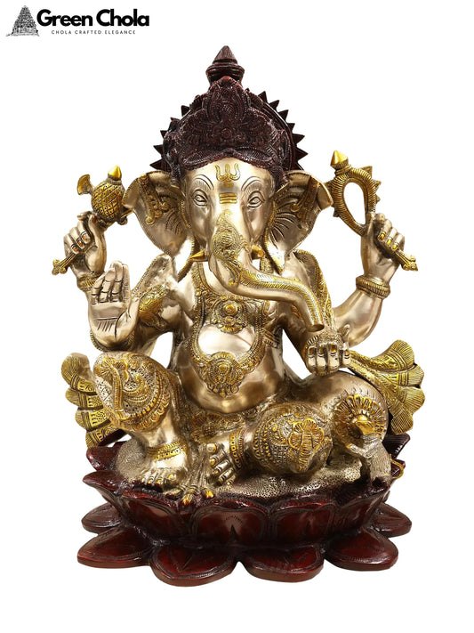 21-inch Large Lord Ganesha Brass Statue Seated on Lotus