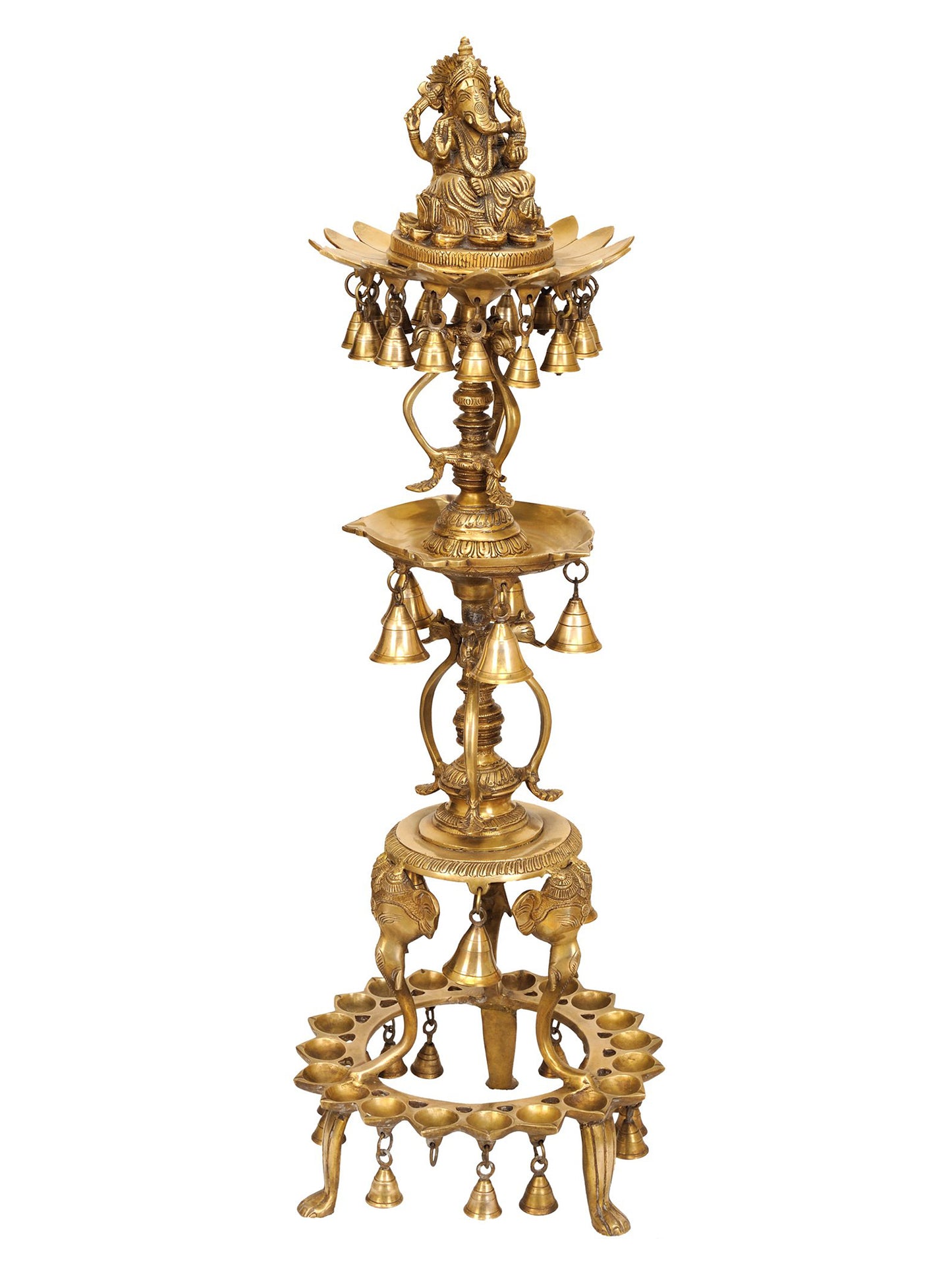 36" Bhagawana Ganesha Seated On Lotus Pooja Oil Lamp With Bells In Brass | Brass Lamp For Temple | Designer Lamp