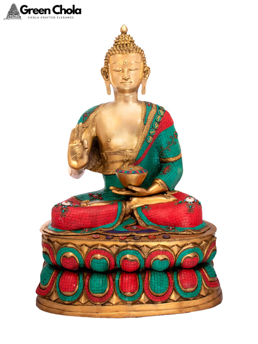 38-Inch Preaching Buddha Inlay Brass Idol | Handmade Indian Statue