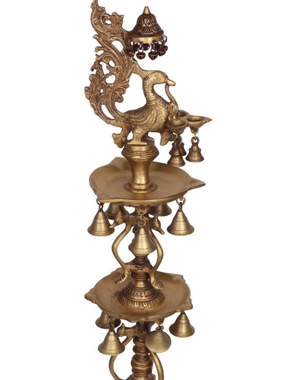 41" Large Size Attractive Peacock Lamp With Hanging Bells And Ghungaroos In Brass | Brass Lamp For Temple | Designer Lamp