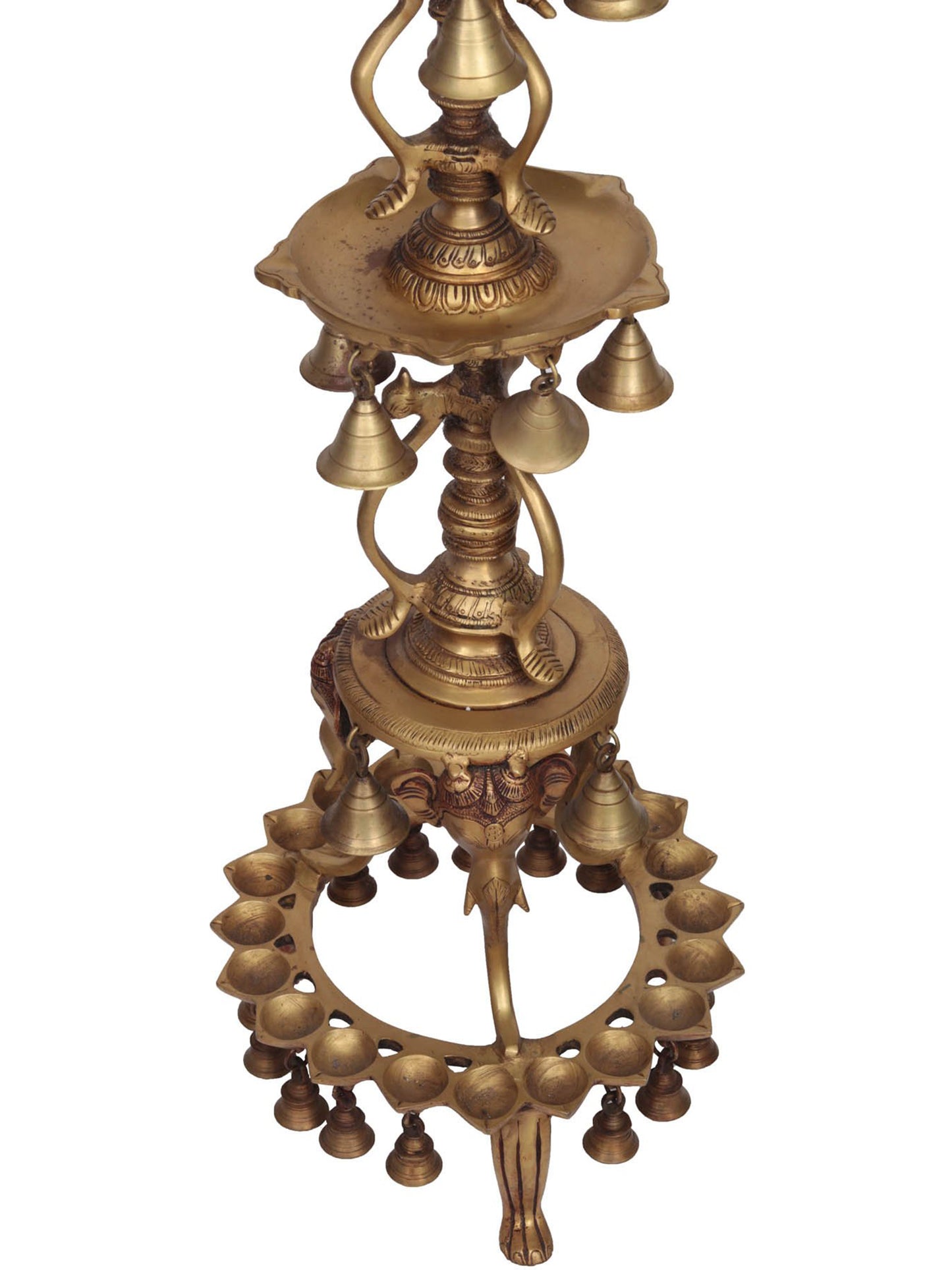 41" Large Size Attractive Peacock Lamp With Hanging Bells And Ghungaroos In Brass | Brass Lamp For Temple | Designer Lamp