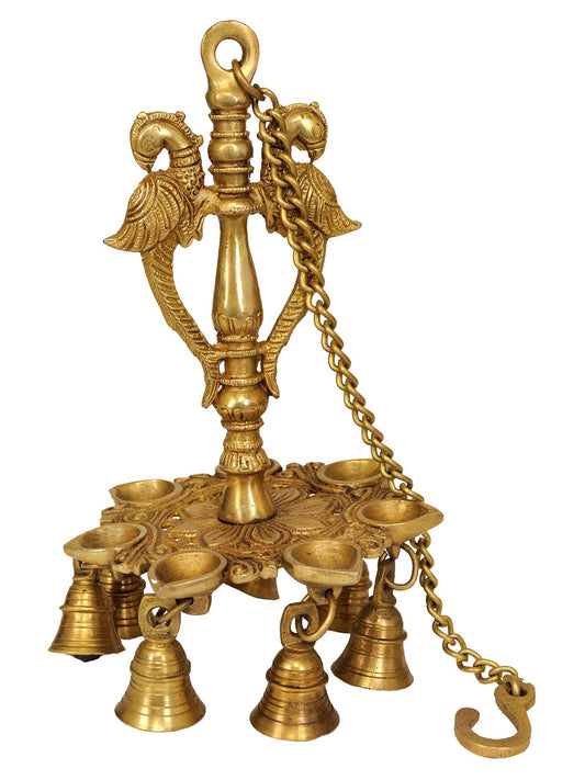 10" Mayura Hanging Lamp With Bells And Chain In Brass | Brass Lamp For Temple | Designer Lamp