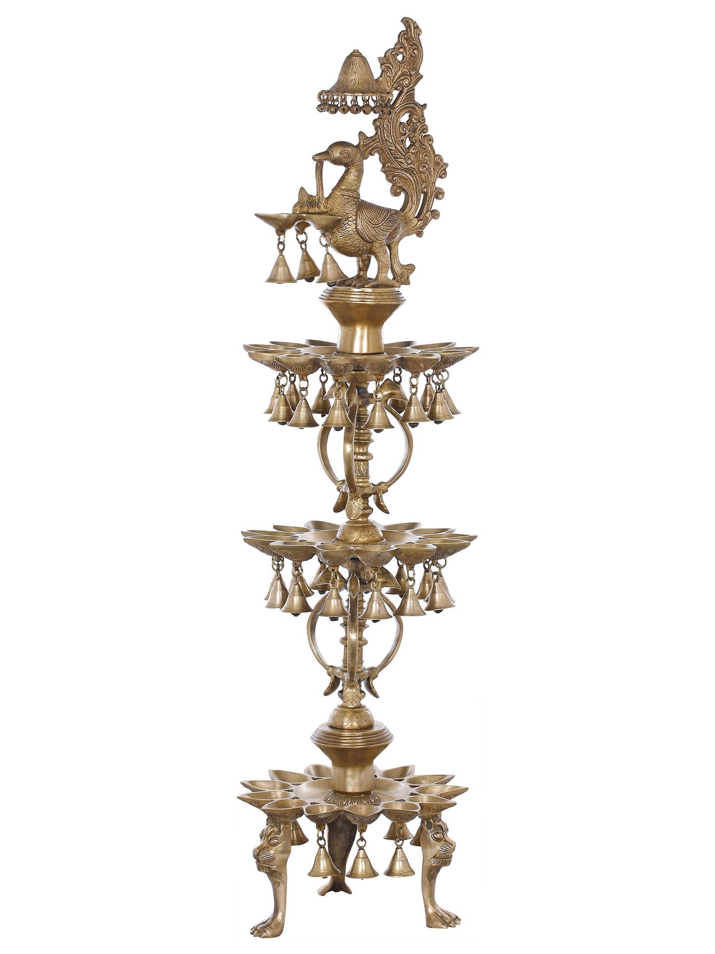 48" Large Size Peacock Design Brass Lamp With Hanging Bells And Ghungaroos | Brass Lamp For Temple | Designer Lamp