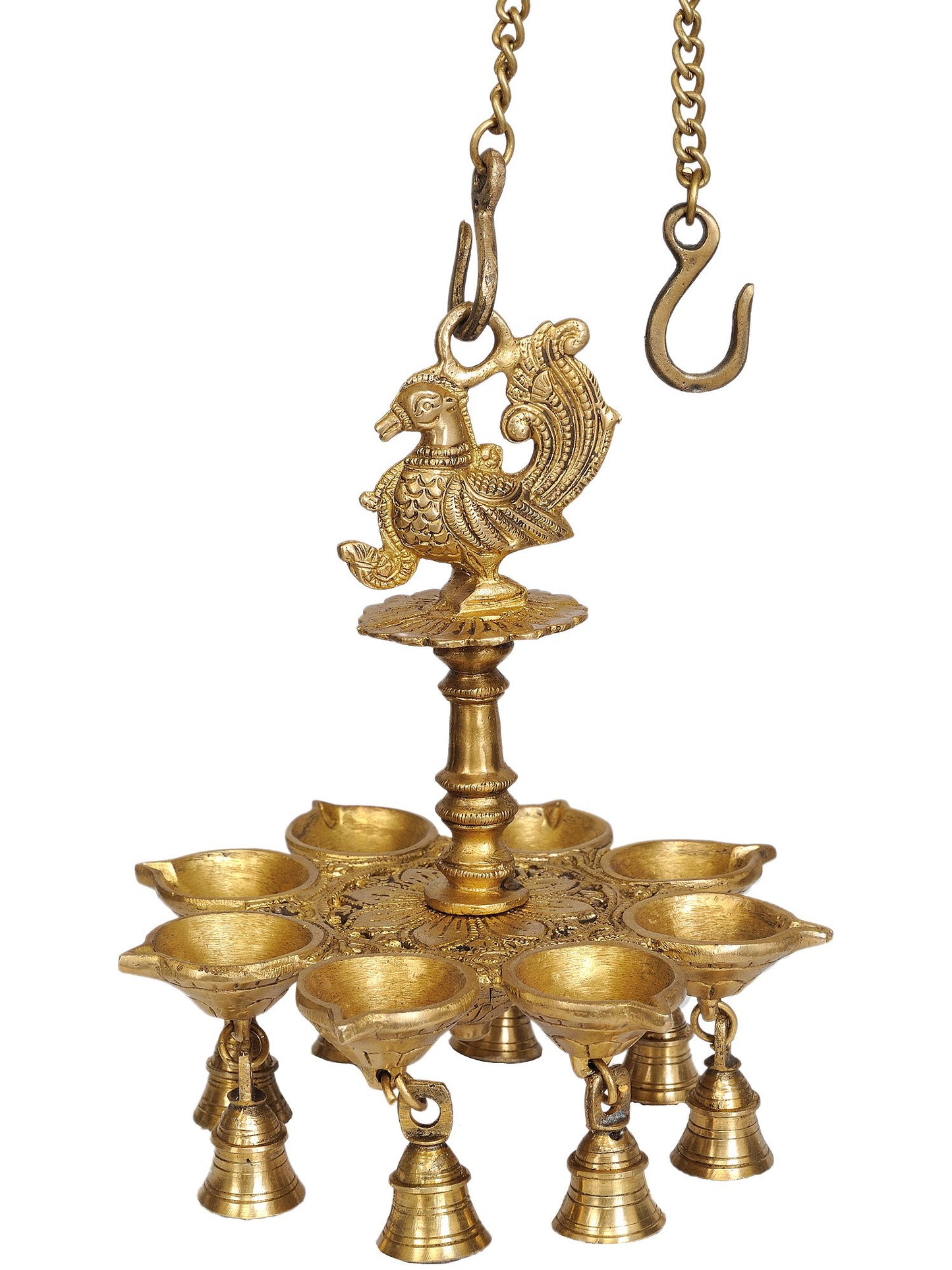 10" Eight-Wick Mayur Hanging Lamp With Bells In Brass For Home | Brass Lamp For Temple | Designer Lamp