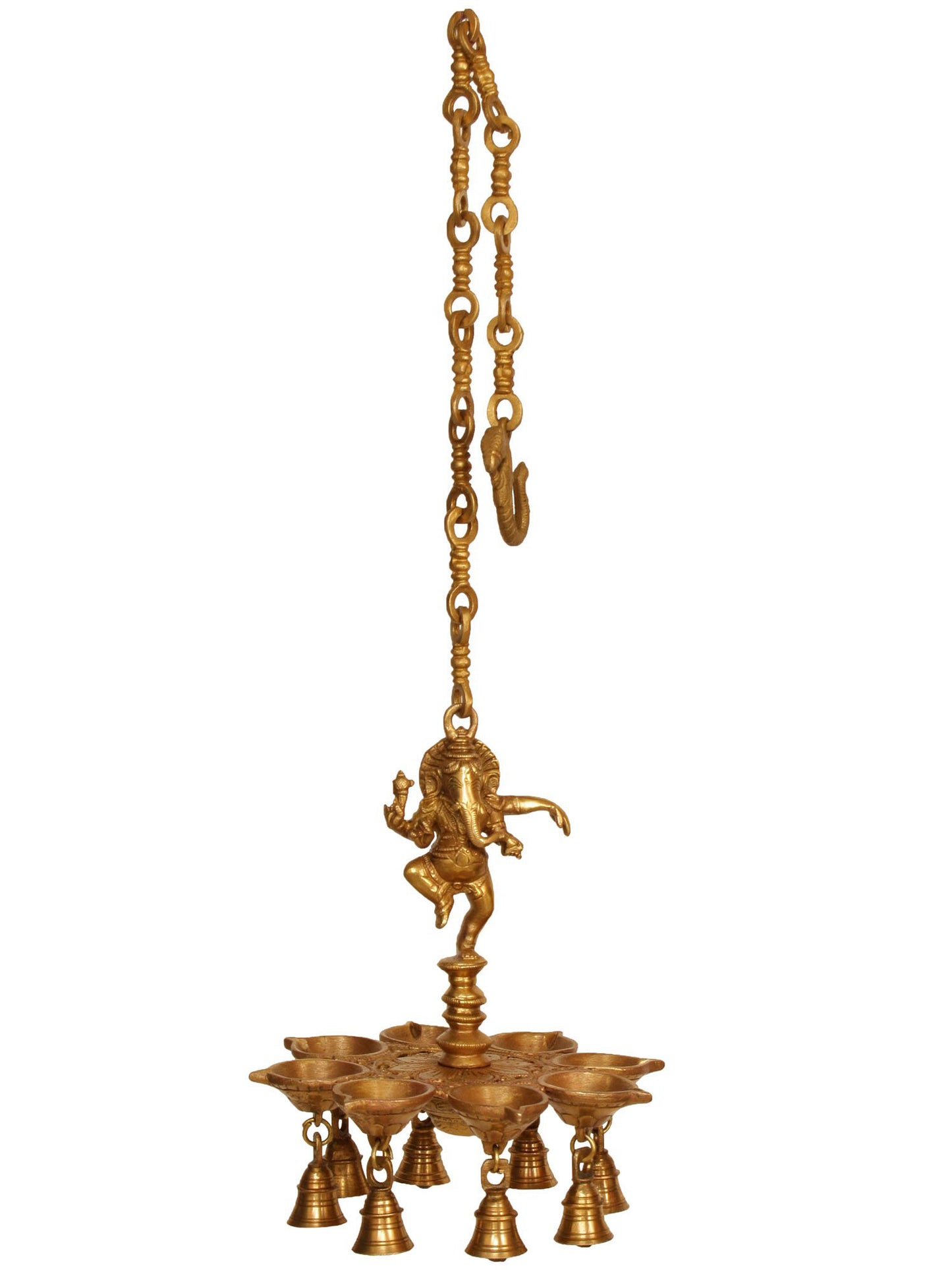 12" Dancing Ganesha Hanging Brass Pooja Lamp With Bells | Brass Lamp For Temple | Designer Lamp