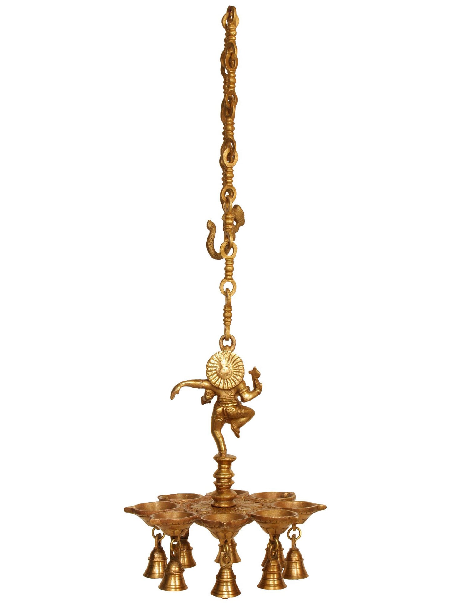 12" Dancing Ganesha Hanging Brass Pooja Lamp With Bells | Brass Lamp For Temple | Designer Lamp