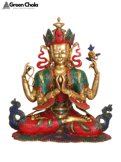 23-inch Large Chenrezig Brass Statue - Four-Armed Avalokiteshvara Tibetan Buddhist Deity