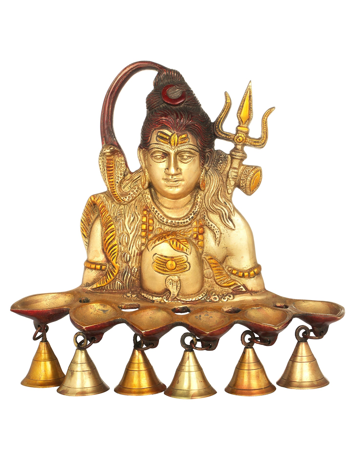 12" Brass Six Wicks Shiva Pooja Lamp With Bells | Brass Lamp For Temple | Designer Lamp