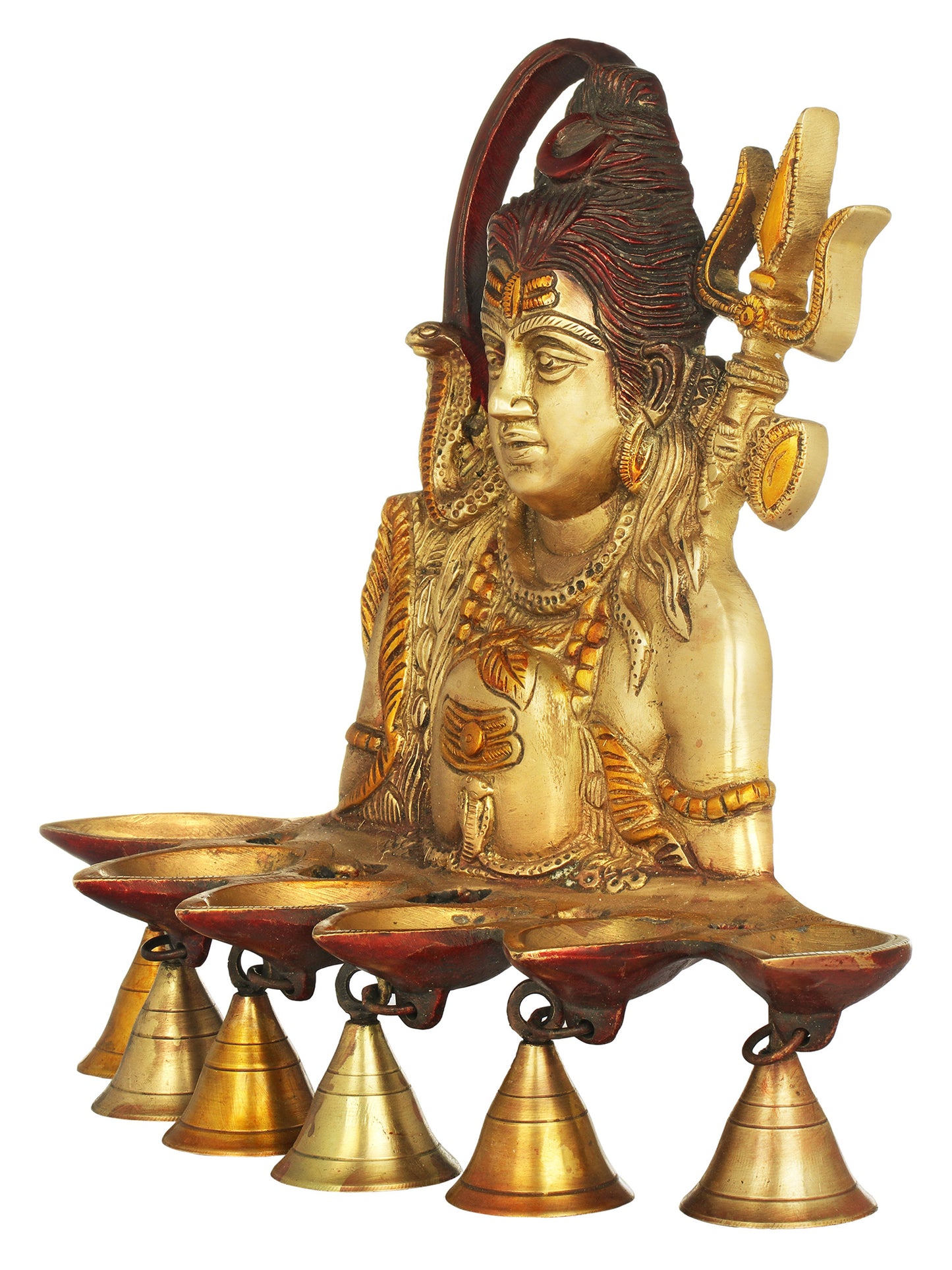 12" Brass Six Wicks Shiva Pooja Lamp With Bells | Brass Lamp For Temple | Designer Lamp