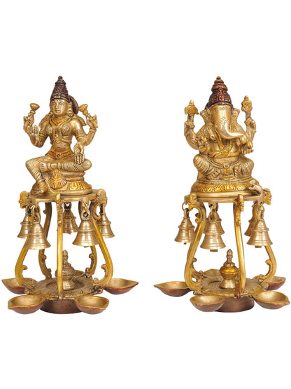 9" Pair Of Lakshmi Ganesha Lamps With Bells In Brass | Brass Lamp For Temple | Designer Lamp