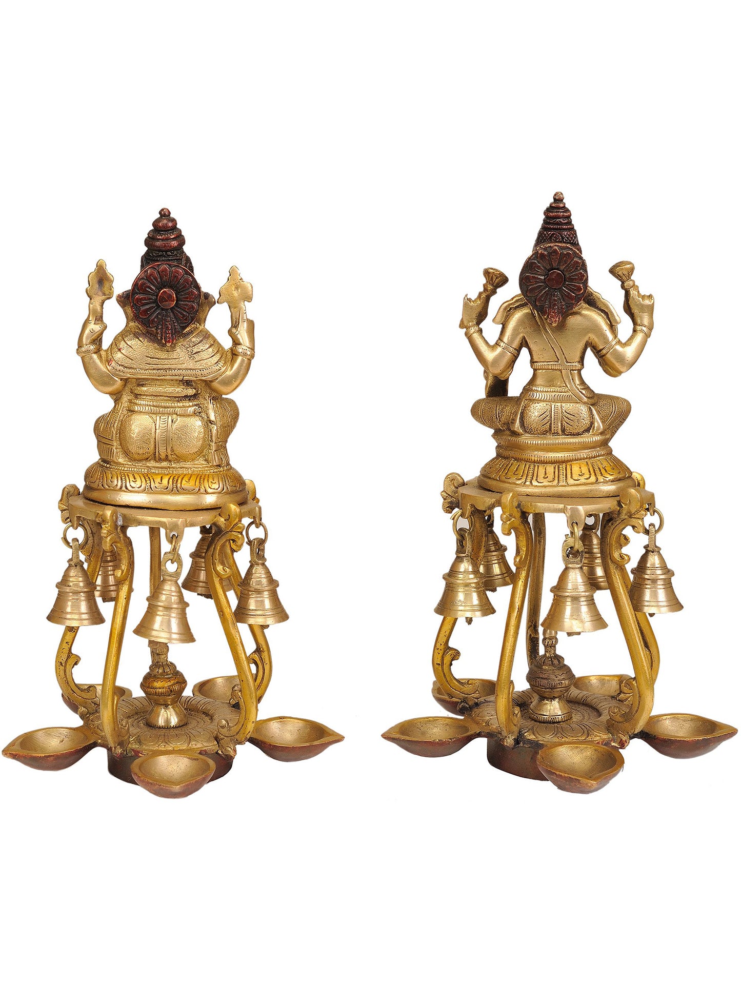 9" Pair Of Lakshmi Ganesha Lamps With Bells In Brass | Brass Lamp For Temple | Designer Lamp