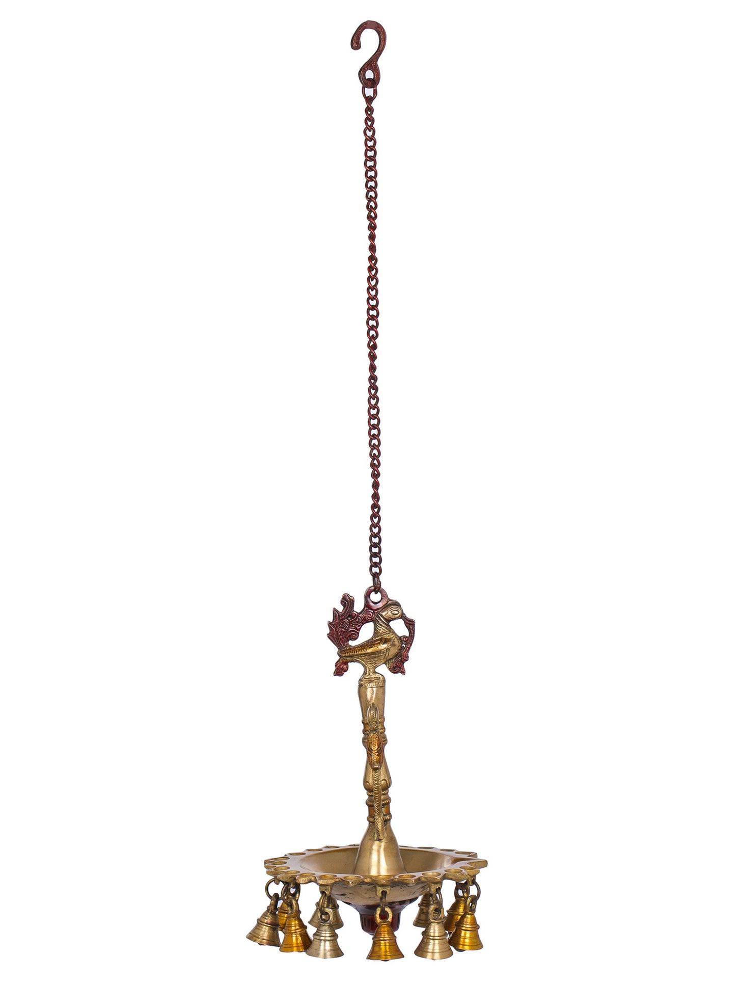 11" Peacock Pooja Lamp With Hanging Chain And Many Bells In Brass | Brass Lamp For Temple | Designer Lamp