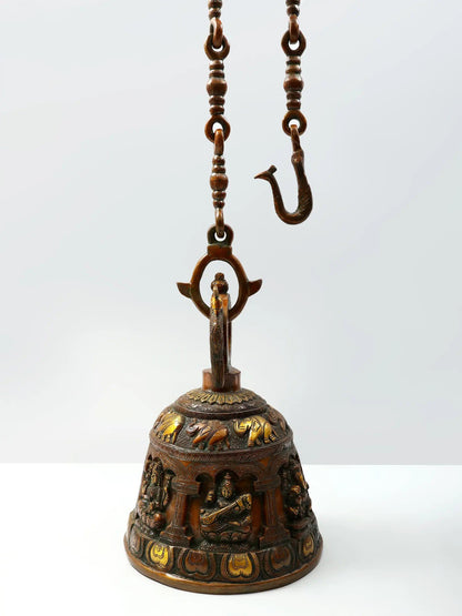 14" Ganesha, Lakshmi And Saraswati Engraved Hanging Bell For Temple In Brass | Brass Bell For Temple | Designer Bell