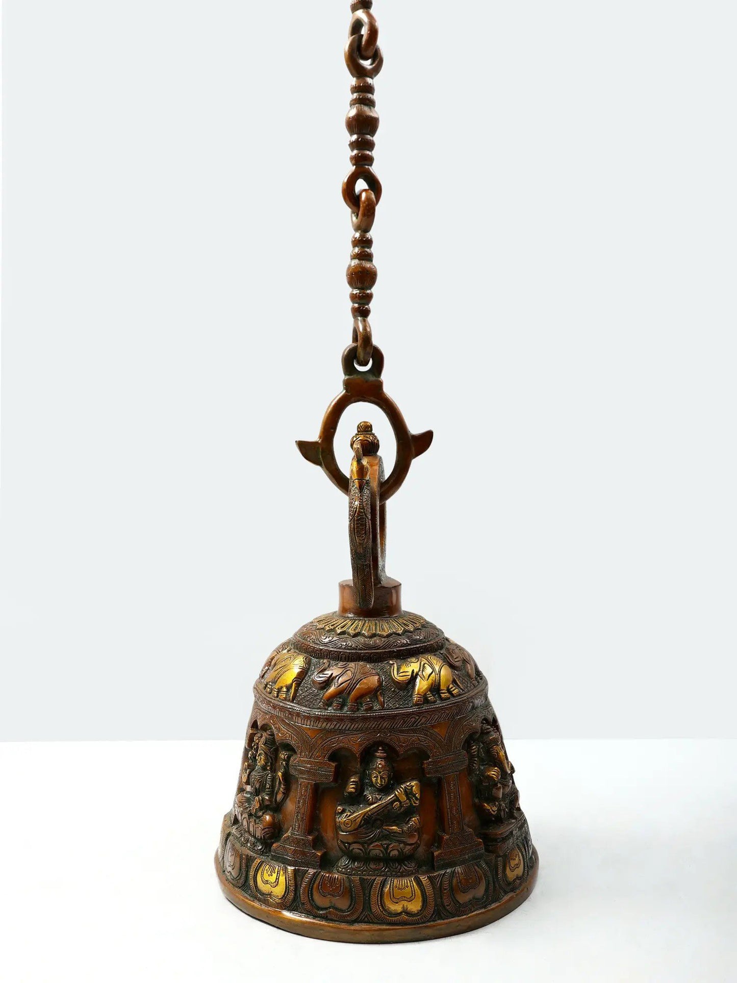 14" Ganesha, Lakshmi And Saraswati Engraved Hanging Bell For Temple In Brass | Brass Bell For Temple | Designer Bell