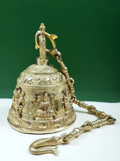 14" Ganesha, Lakshmi And Saraswati Engraved Hanging Bell For Temple In Brass | Brass Bell For Temple | Designer Bell