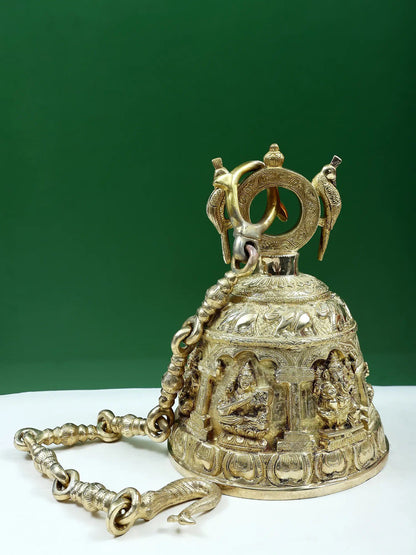 14" Ganesha, Lakshmi And Saraswati Engraved Hanging Bell For Temple In Brass | Brass Bell For Temple | Designer Bell