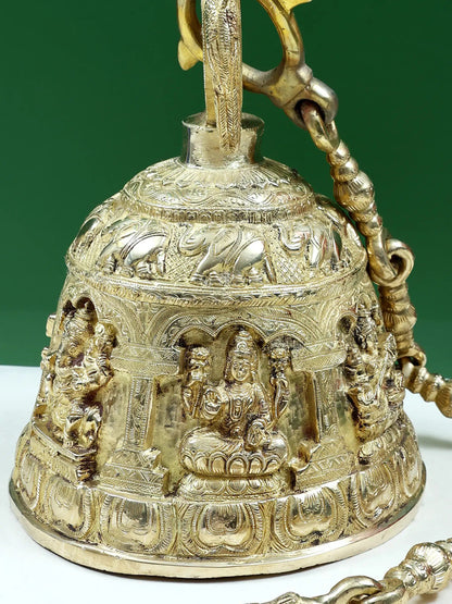 14" Ganesha, Lakshmi And Saraswati Engraved Hanging Bell For Temple In Brass | Brass Bell For Temple | Designer Bell