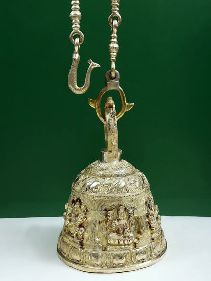 14" Ganesha, Lakshmi And Saraswati Engraved Hanging Bell For Temple In Brass | Brass Bell For Temple | Designer Bell