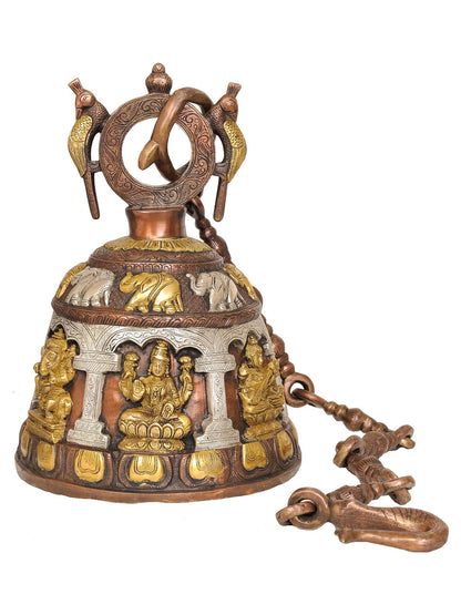 14" Ganesha, Lakshmi And Saraswati Engraved Hanging Bell For Temple In Brass | Brass Bell For Temple | Designer Bell