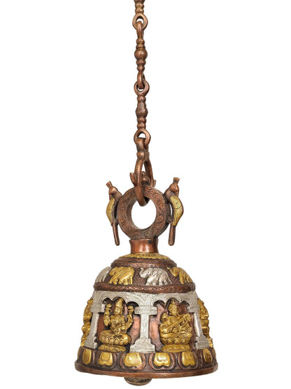 14" Ganesha, Lakshmi And Saraswati Engraved Hanging Bell For Temple In Brass | Brass Bell For Temple | Designer Bell