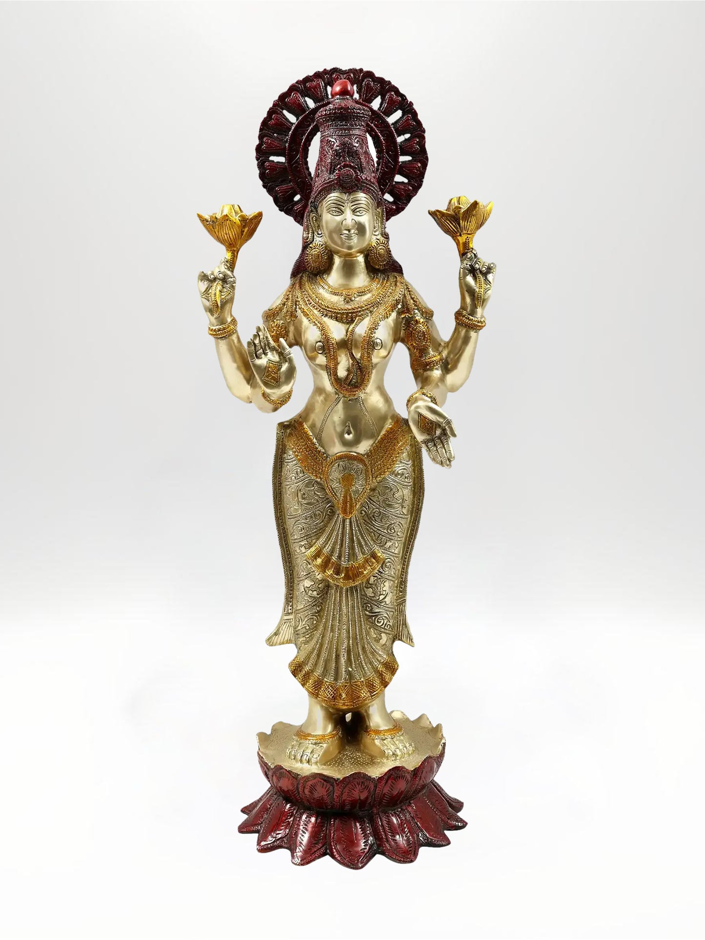 32-Inch Standing Goddess Lakshmi Brass Statue | Handcrafted Housewarming Gift