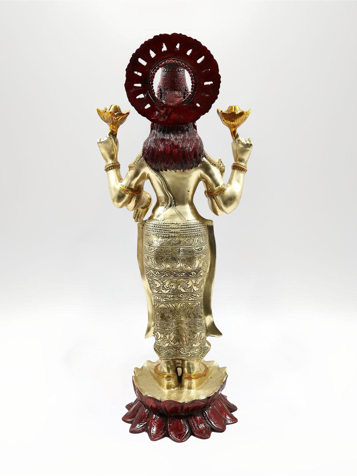 32-Inch Standing Goddess Lakshmi Brass Statue | Handcrafted Housewarming Gift