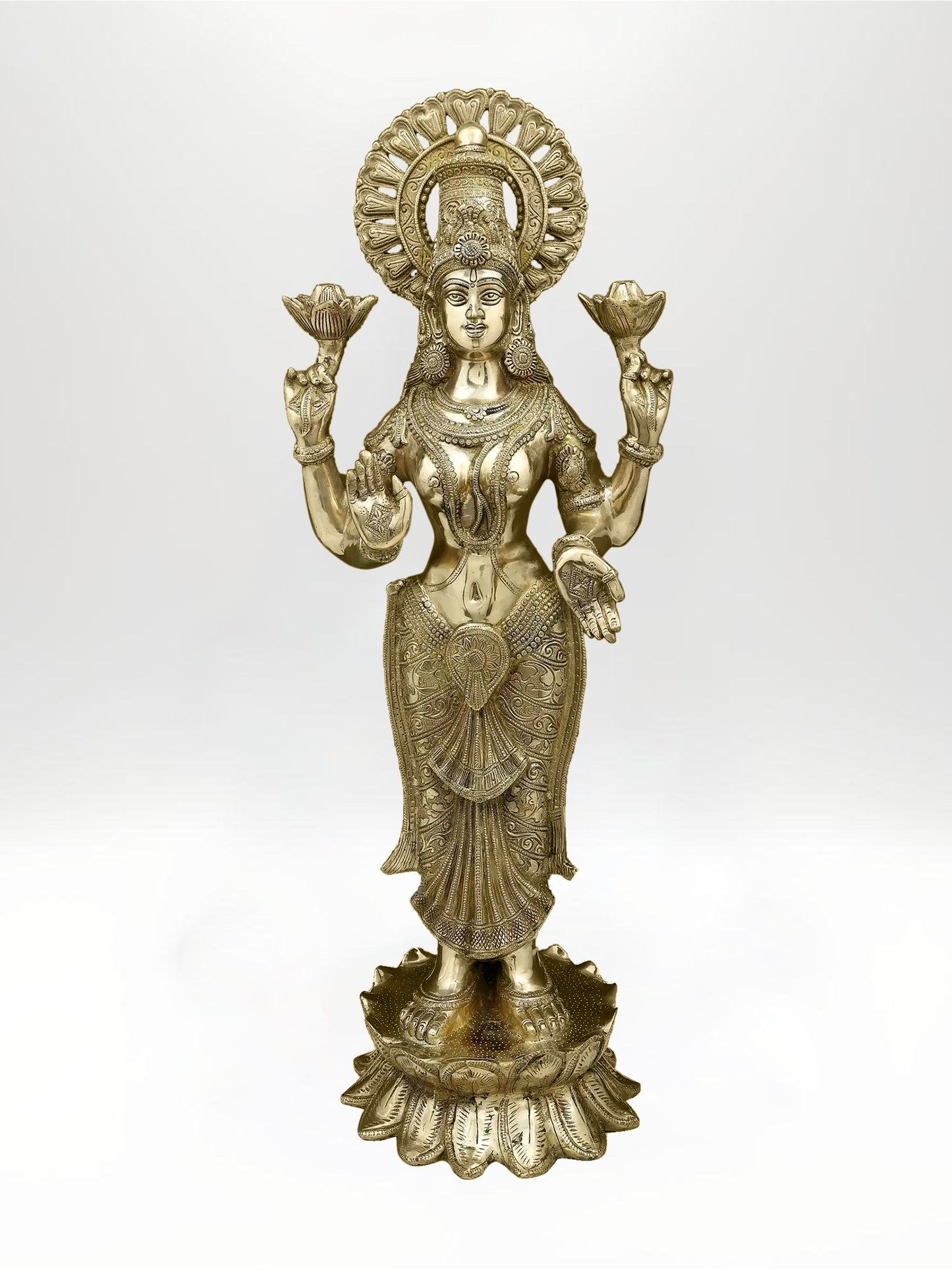 32-Inch Standing Goddess Lakshmi Brass Statue | Handcrafted Housewarming Gift