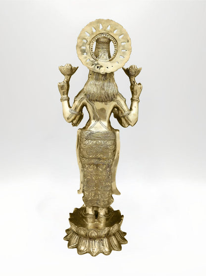 32-Inch Standing Goddess Lakshmi Brass Statue | Handcrafted Housewarming Gift