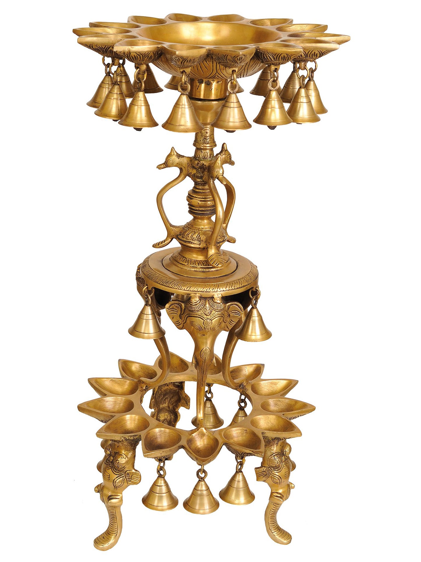 25" Ganesha Stand Lamp With Many Wicks And Bells In Brass | Brass Lamp For Temple | Designer Lamp