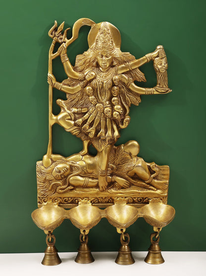 15" Goddess Kali Wall Hanging Lamps With Bells In Brass | Brass Lamp For Temple | Designer Lamp