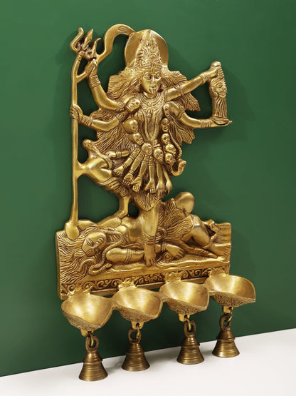 15" Goddess Kali Wall Hanging Lamps With Bells In Brass | Brass Lamp For Temple | Designer Lamp