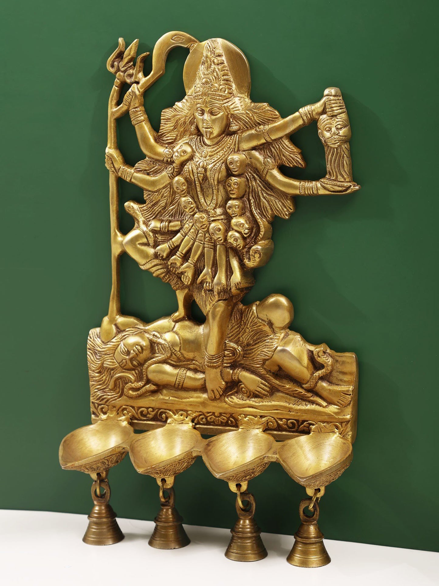 15" Goddess Kali Wall Hanging Lamps With Bells In Brass | Brass Lamp For Temple | Designer Lamp