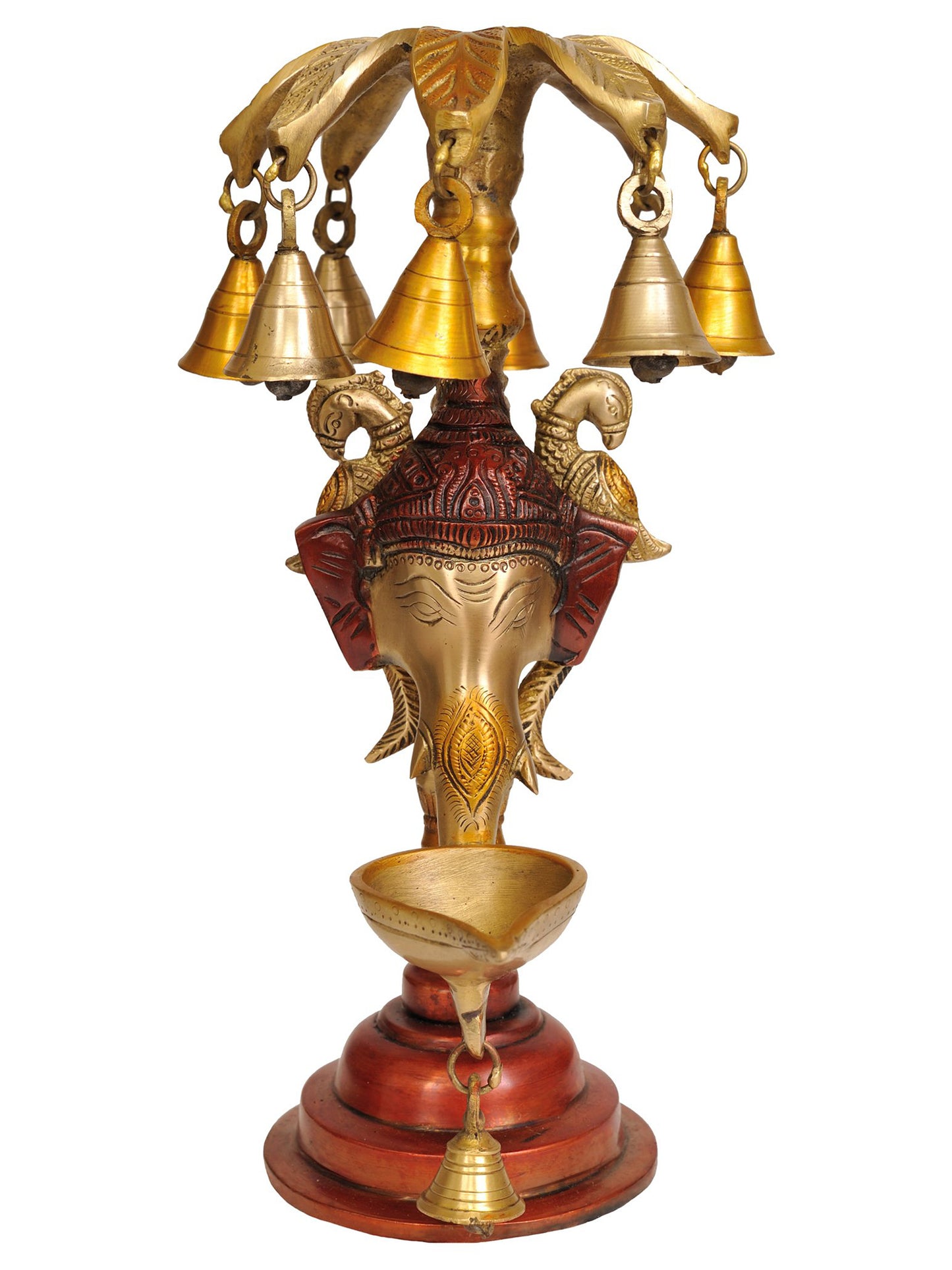 11" Ganesha Lamp With Many Bells And Round Stand In Brass | Brass Lamp For Temple | Designer Lamp