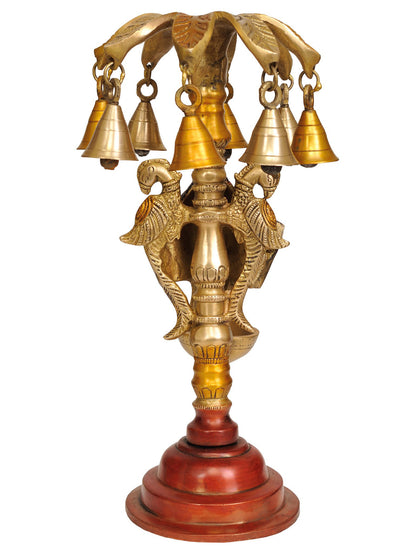 11" Ganesha Lamp With Many Bells And Round Stand In Brass | Brass Lamp For Temple | Designer Lamp