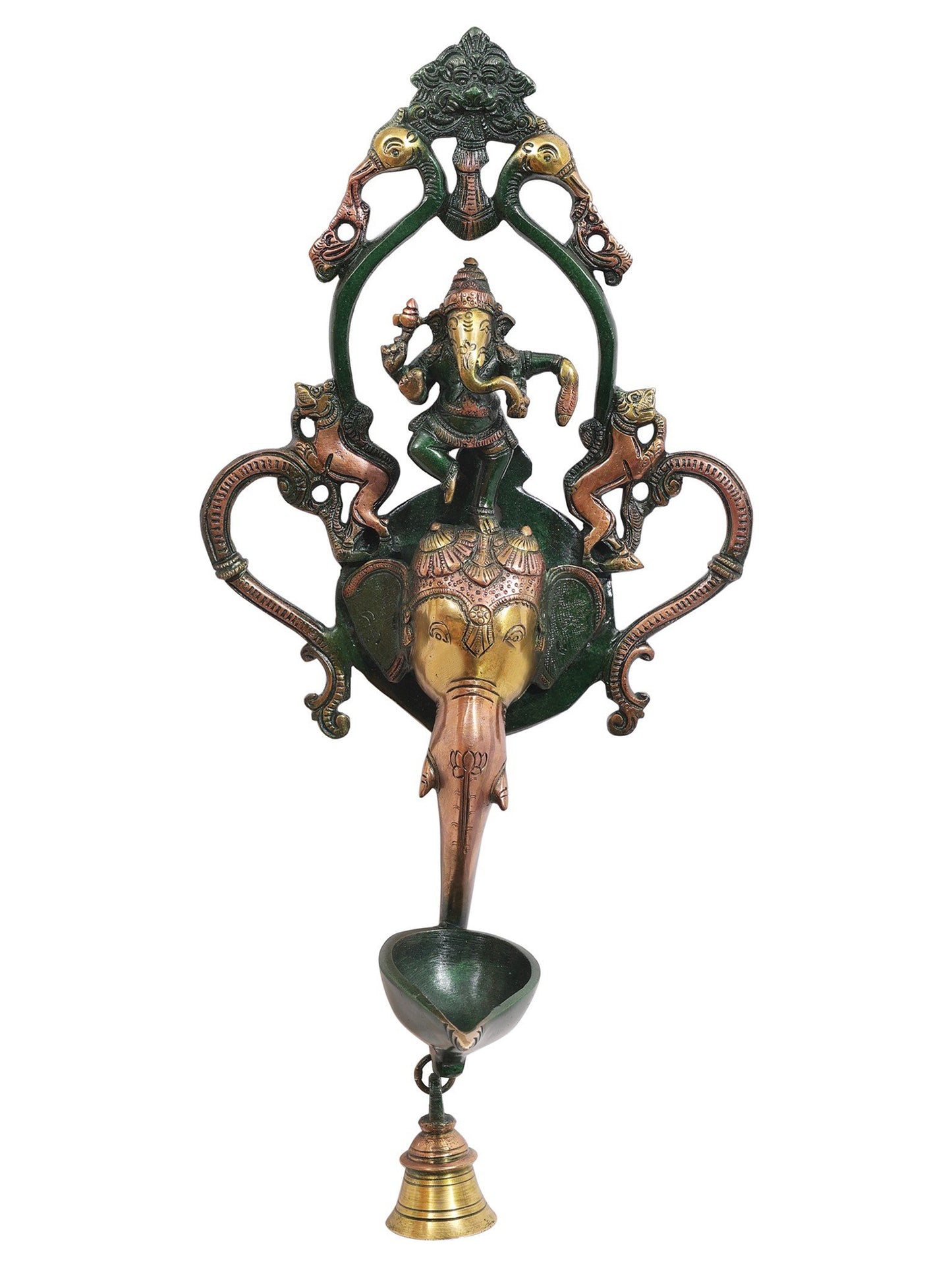 16" Dancing Ganesha Wall Hanging Lamp With Bell And Kirtimukha In Brass | Brass Lamp For Temple | Designer Lamp