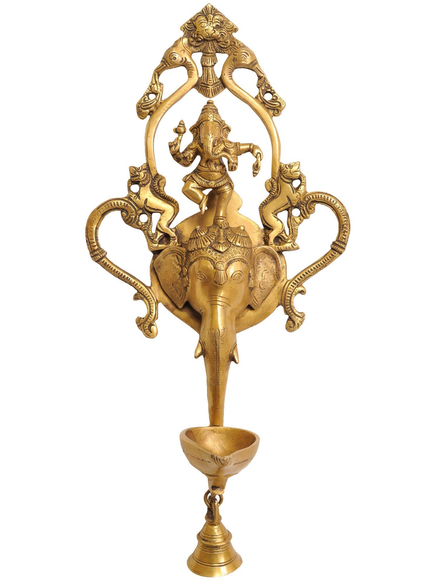 16" Dancing Ganesha Wall Hanging Lamp With Bell And Kirtimukha In Brass | Brass Lamp For Temple | Designer Lamp