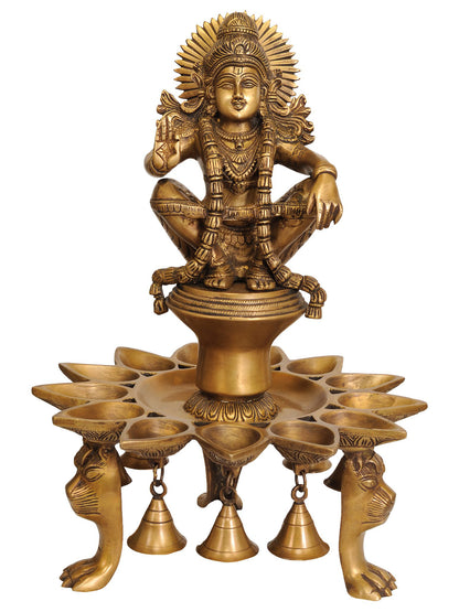 18" Lord Ayyappan Designer Lamp With Bells And Lion Head Legs In Brass | Brass Lamp For Temple | Designer Lamp