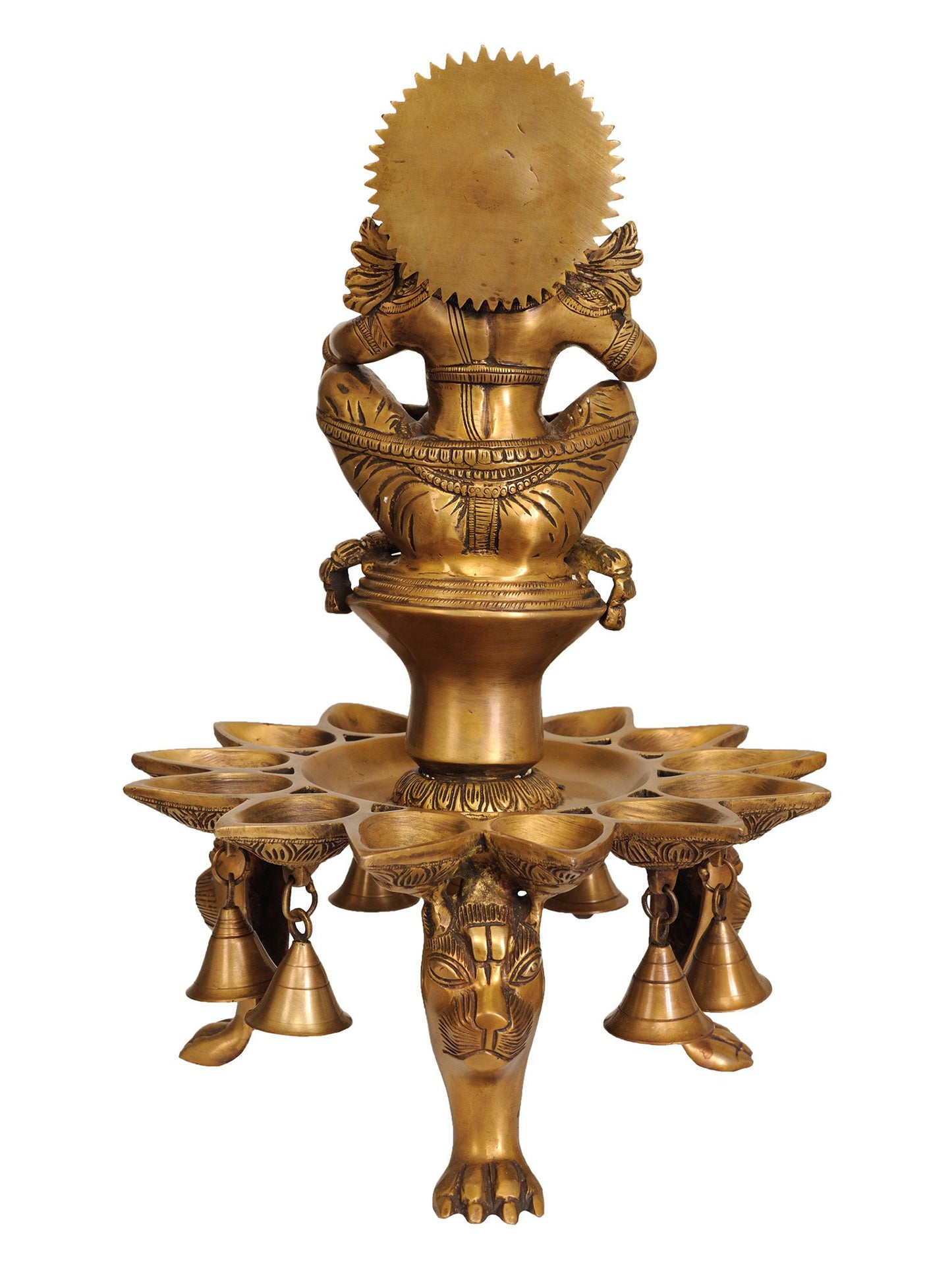 18" Lord Ayyappan Designer Lamp With Bells And Lion Head Legs In Brass | Brass Lamp For Temple | Designer Lamp