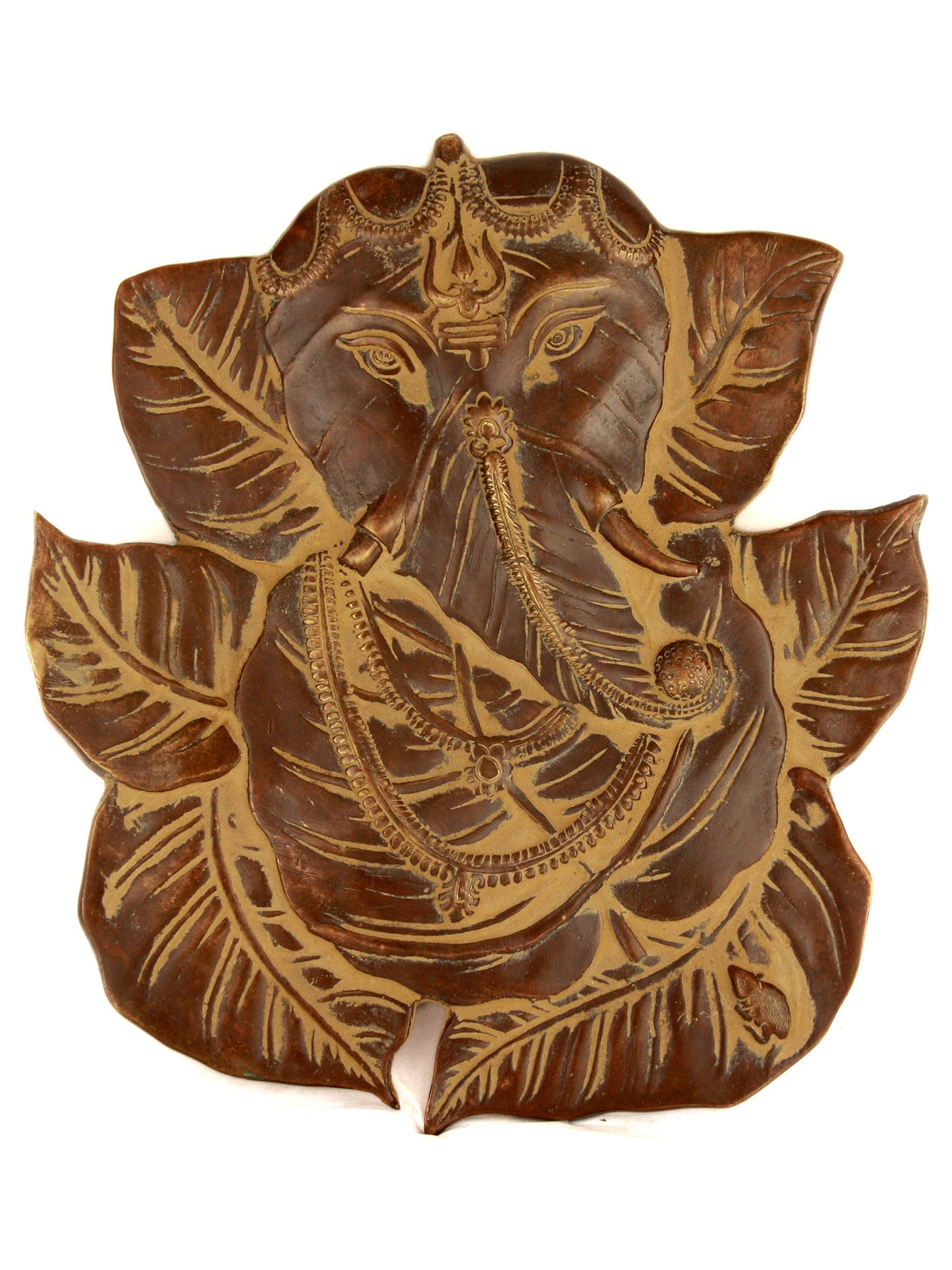 8" Pipal Leaf Ganesha with Tilak on Forehead Brass Statue | Wall Hanging Statue in Brass