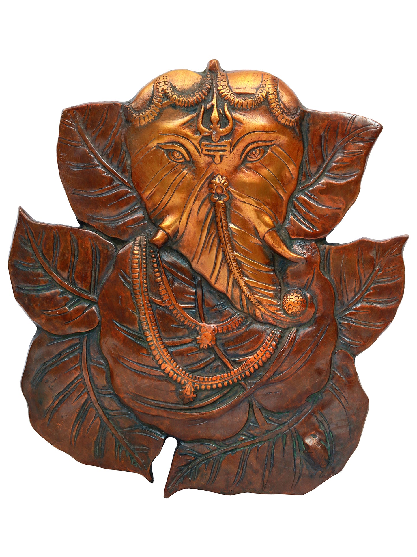 8" Pipal Leaf Ganesha with Tilak on Forehead Brass Statue | Wall Hanging Statue in Brass