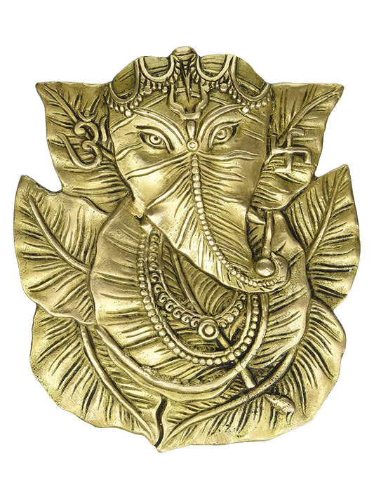 8" Pipal Leaf Ganesha with Tilak on Forehead Brass Statue | Wall Hanging Statue in Brass